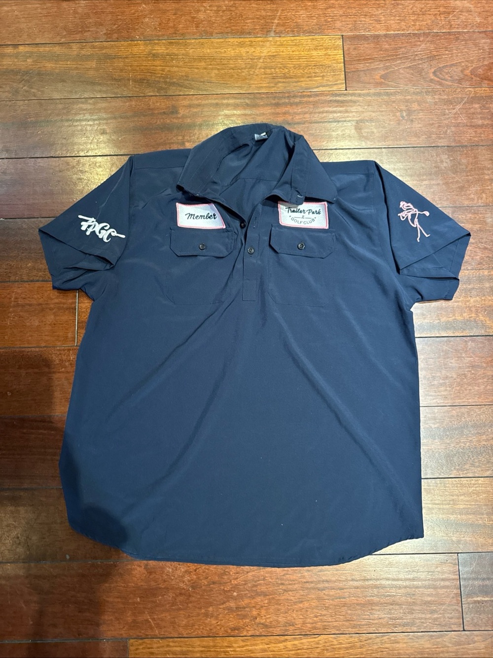 Trailer Park Golf Club Men's MEMBER Polo Shirt Blue & Pink Patches XL Halloween